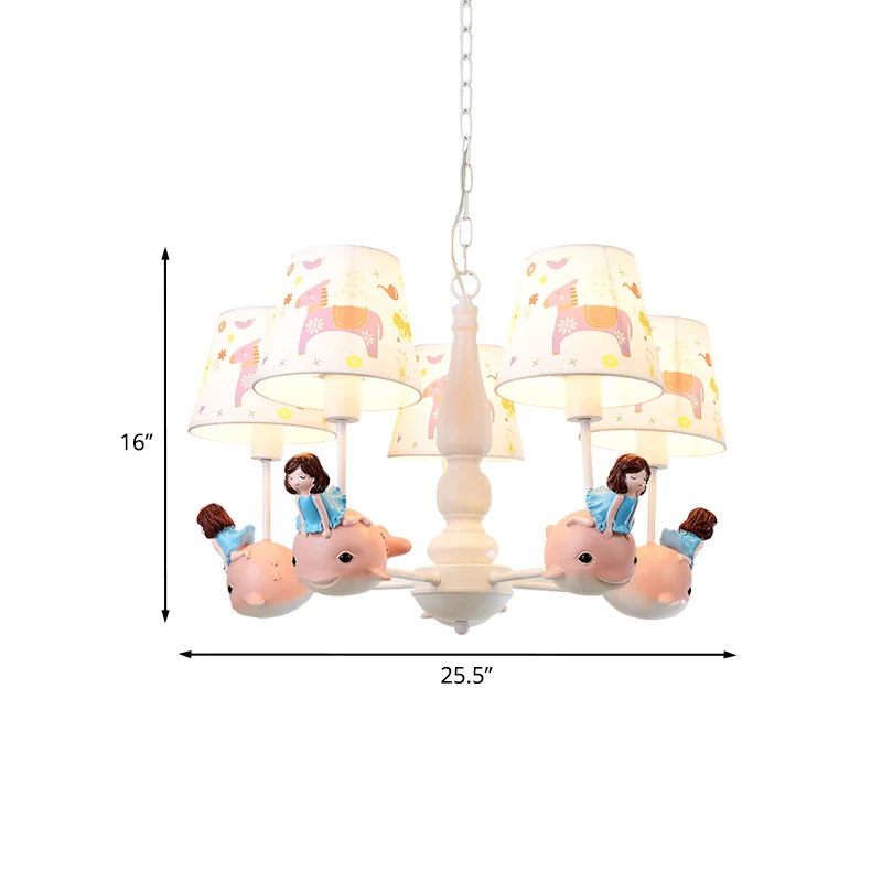 Ton hangende kroonluchter Cartoon stof 5-kops witte afwerking Radiale hanglampset met carrousel/vis en meisje-deco Clearhalo