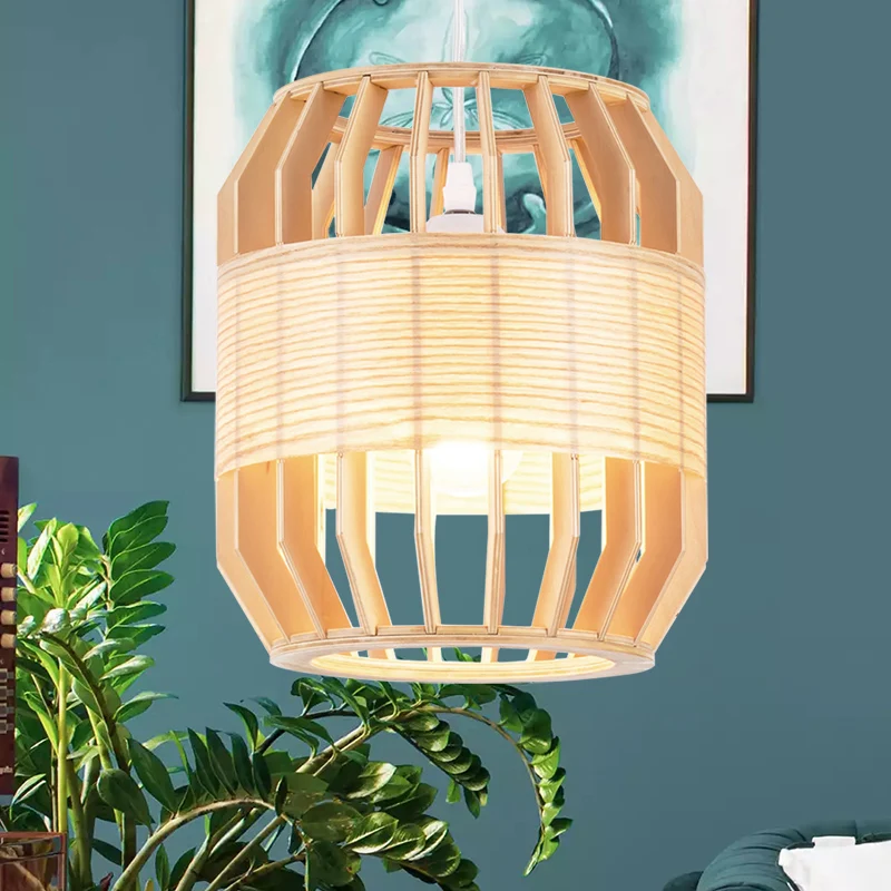 Tonplafondlamp Chinees hout 1 kop beige hangende lamp voor woonkamer, 9"/13" breed Clearhalo