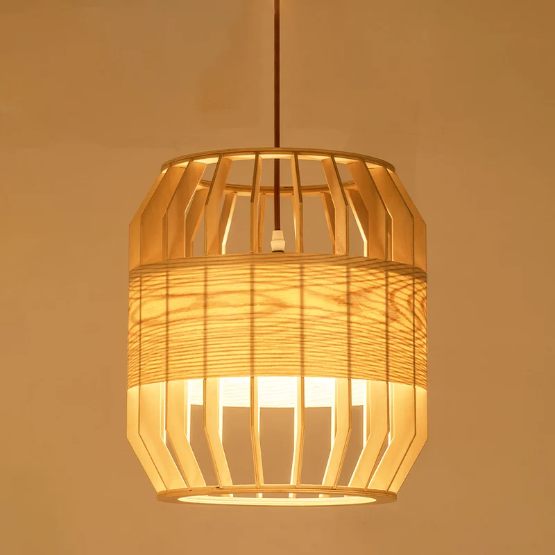 Tonplafondlamp Chinees hout 1 kop beige hangende lamp voor woonkamer, 9"/13" breed Clearhalo