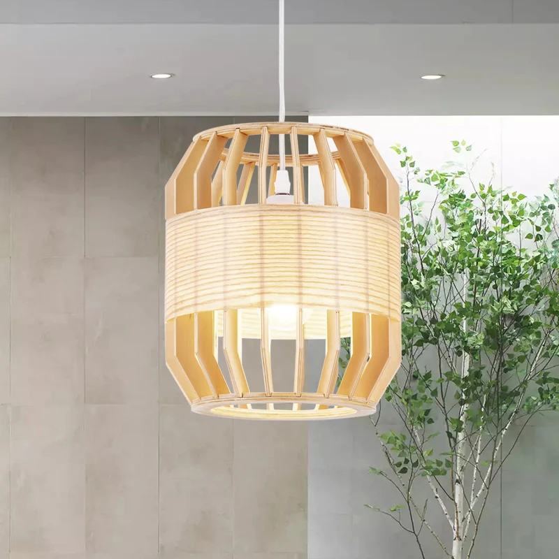 Tonplafondlamp Chinees hout 1 kop beige hangende lamp voor woonkamer, 9"/13" breed Clearhalo