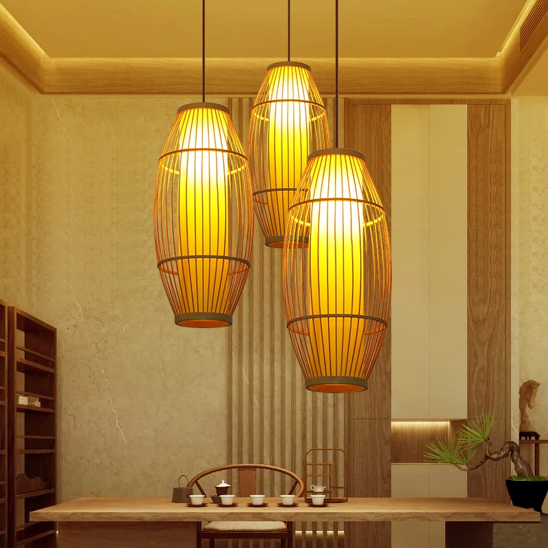 Tonvormige restauranthangende verlichting Bamboe 1-lamps Aziatische hanglamp hout Clearhalo