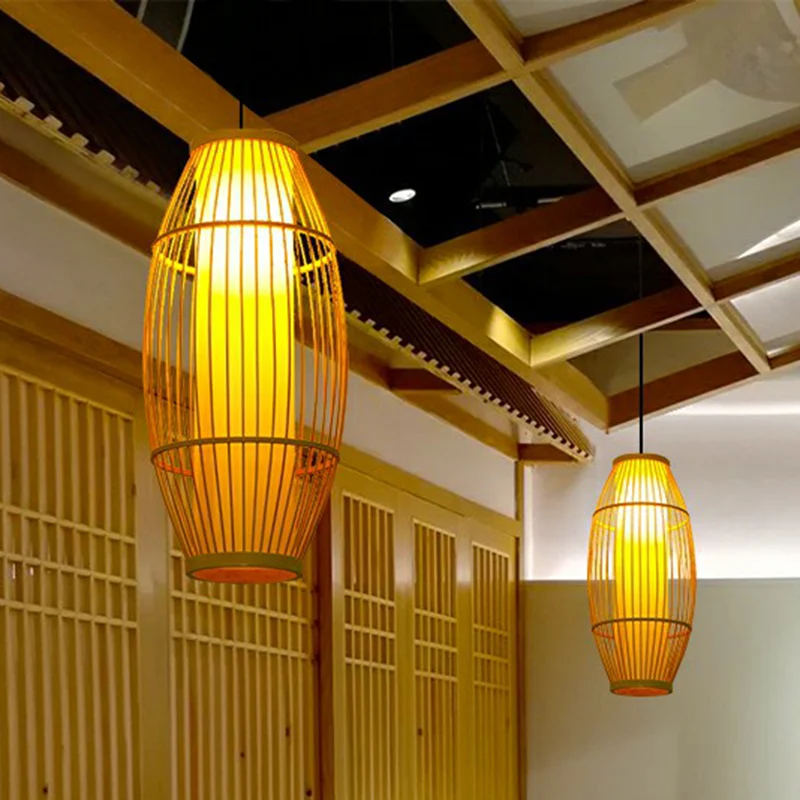 Tonvormige restauranthangende verlichting Bamboe 1-lamps Aziatische hanglamp hout Clearhalo