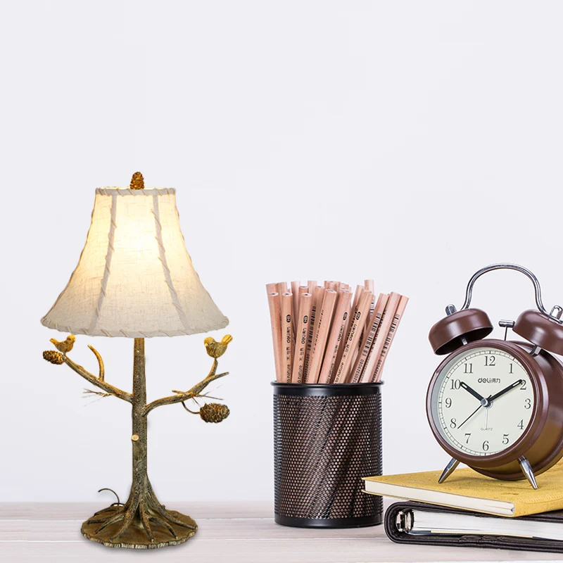 Torenschaduw stoffen tafellamp Rustiek 1-lichts slaapkamerleeslamp beige met vogels Clearhalo