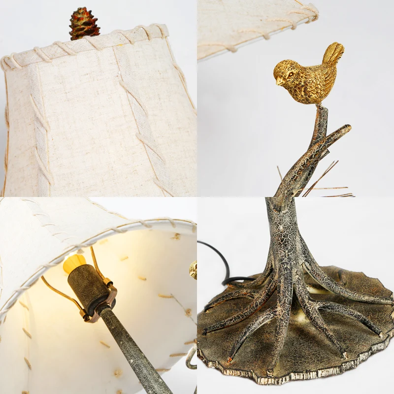 Torenschaduw stoffen tafellamp Rustiek 1-lichts slaapkamerleeslamp beige met vogels Clearhalo