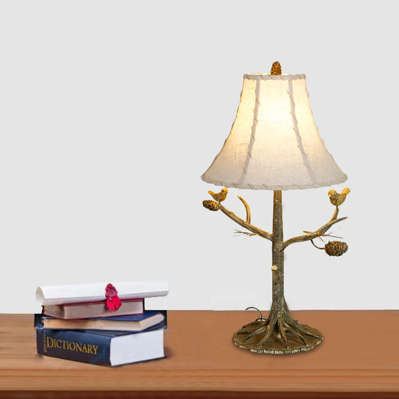Torenschaduw stoffen tafellamp Rustiek 1-lichts slaapkamerleeslamp beige met vogels Clearhalo