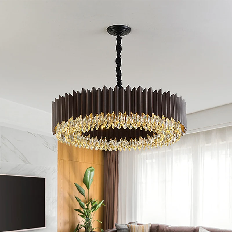 Traanvormige kristallen ronde hangende kroonluchter Postmoderne woonkamer LED-plafondhanger zwart Clearhalo