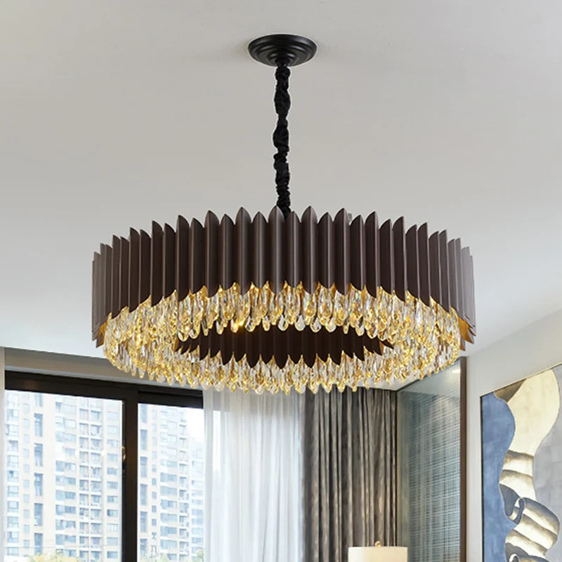 Traanvormige kristallen ronde hangende kroonluchter Postmoderne woonkamer LED-plafondhanger zwart Clearhalo