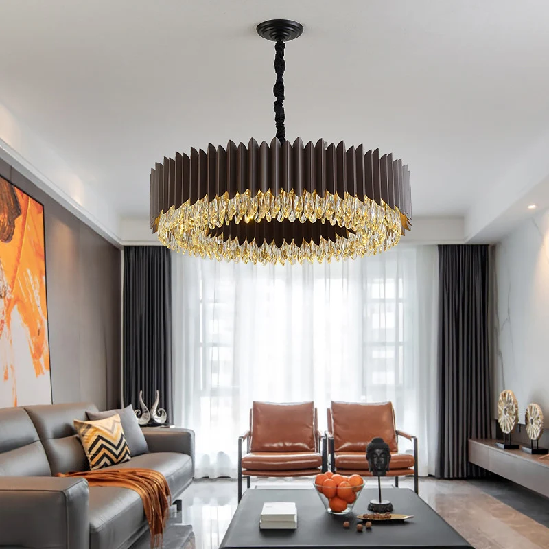 Traanvormige kristallen ronde hangende kroonluchter Postmoderne woonkamer LED-plafondhanger zwart Clearhalo