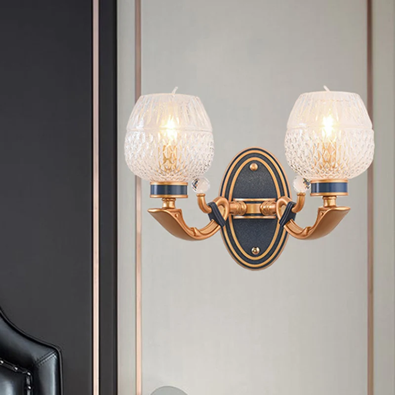 Traditionalistische Bowl Wandkandelaar Licht 1/2 Lampen Roosterglas LED Wandlamp Messing voor Slaapkamer Clearhalo