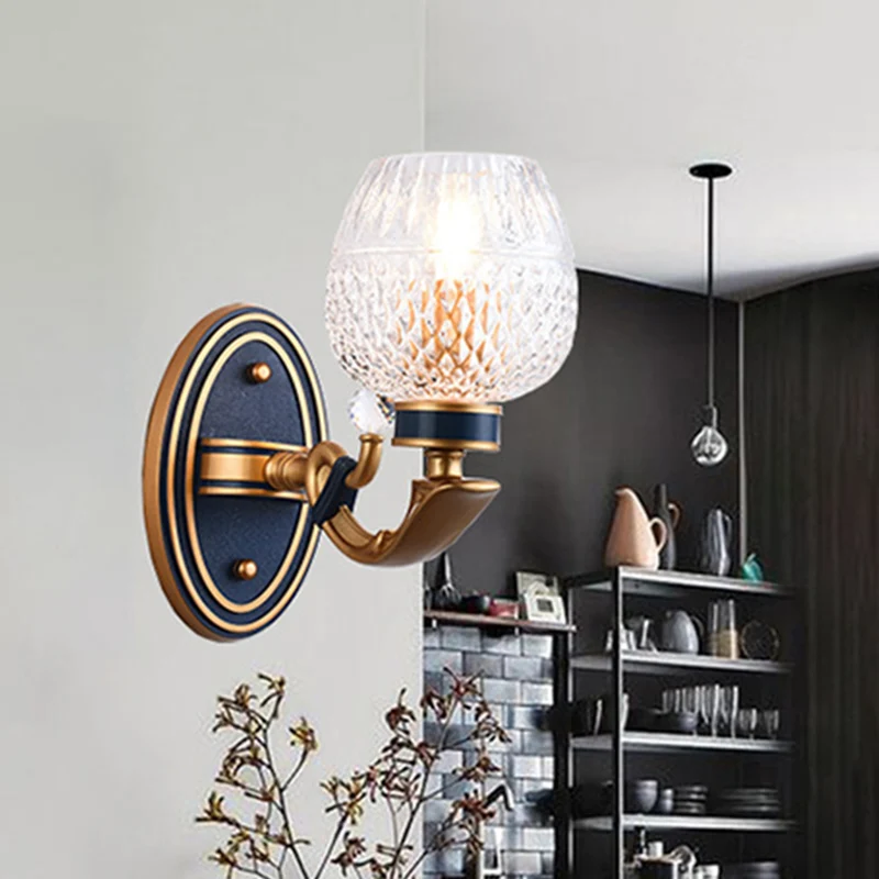 Traditionalistische Bowl Wandkandelaar Licht 1/2 Lampen Roosterglas LED Wandlamp Messing voor Slaapkamer Clearhalo