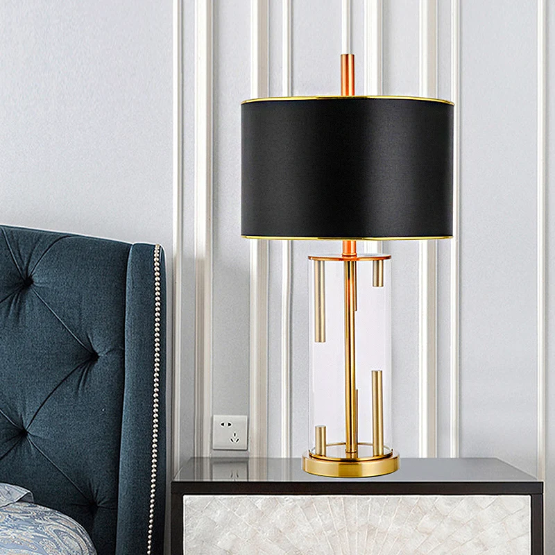 Traditioneel nachtlampje trommelvorm, stoffen nachtlampje met 1 lamp zwart met cilindervormige helderglazen voet Clearhalo