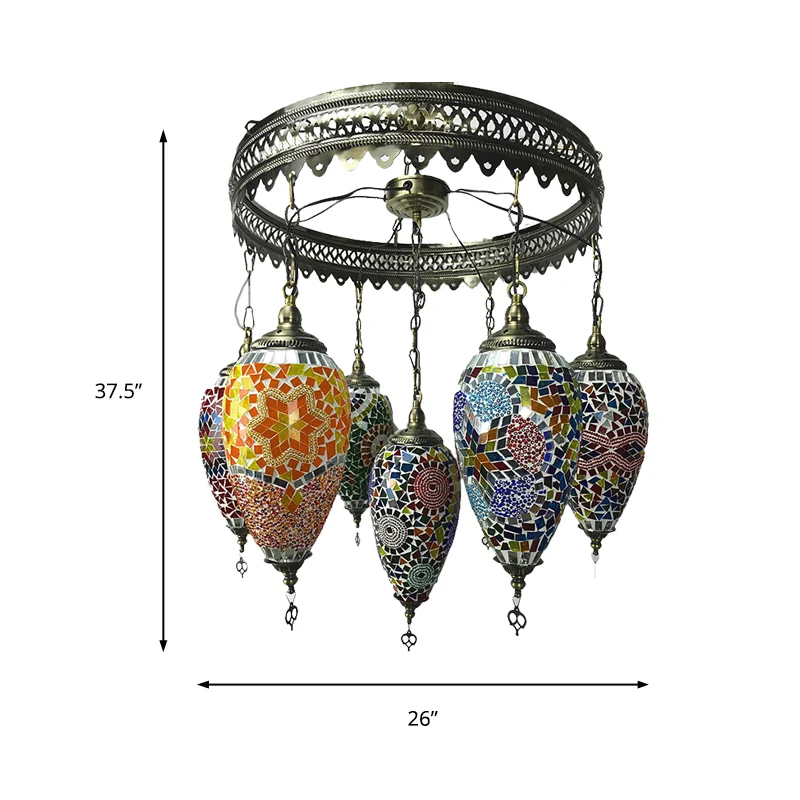 Traditionele 7-kops kroonluchterlamp bronzen druppelvormige hanglamp met kleurrijke glazen kap voor koffiehuis Clearhalo