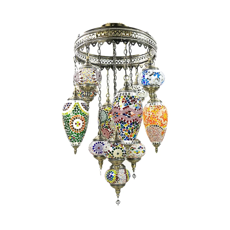 Traditionele bal- en traankroonluchterlamp Kleurrijk glas 12 koppen plafondlamp brons voor restaurant Clearhalo