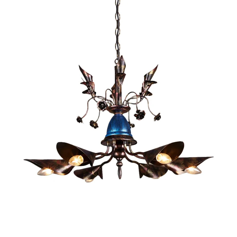 Traditionele blauwe ijzeren hangende kroonluchter met 6 lampen en conische kap met rode vlam Clearhalo