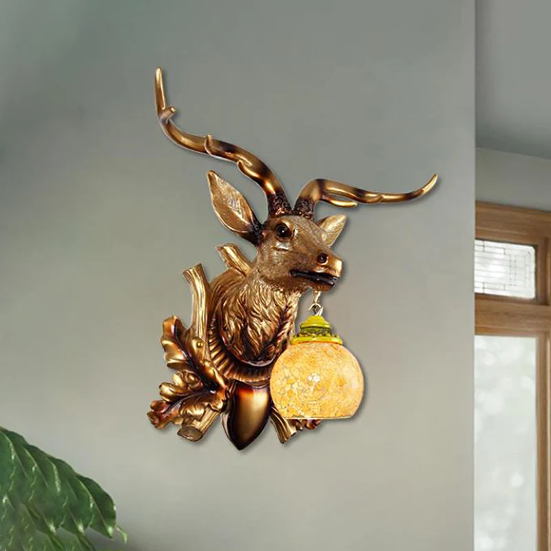 Traditionele Bubble Sconce Light 1-Head Amber Crackle Glass Wandgemonteerde lamp met Sika Herten en Bloom Decor goud Clear...