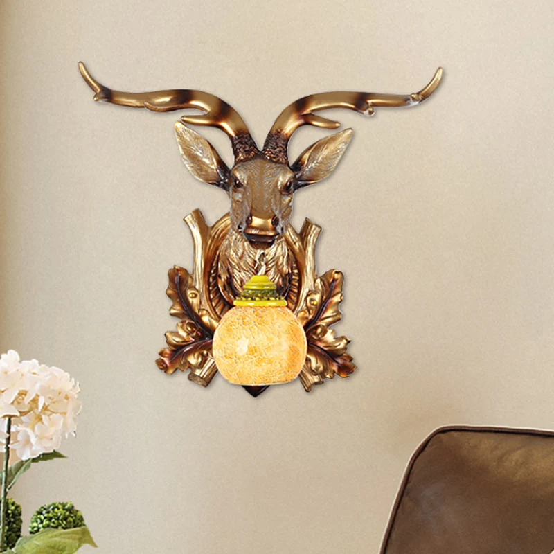 Traditionele Bubble Sconce Light 1-Head Amber Crackle Glass Wandgemonteerde lamp met Sika Herten en Bloom Decor goud Clear...