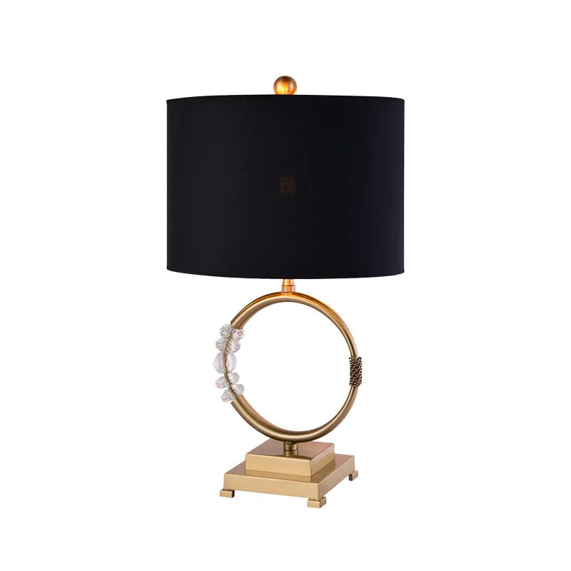 Traditionele cirkelvormige taakverlichting Metaal 1-lamps bureaulamp messing met zwarte trommelstof kap Clearhalo