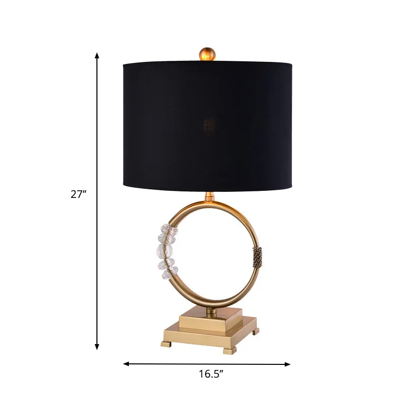 Traditionele cirkelvormige taakverlichting Metaal 1-lamps bureaulamp messing met zwarte trommelstof kap Clearhalo