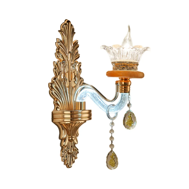 Traditionele gebogen arm schanslamp, enkele lamp, kristallen wandmontage lichtarmatuur goud Clearhalo