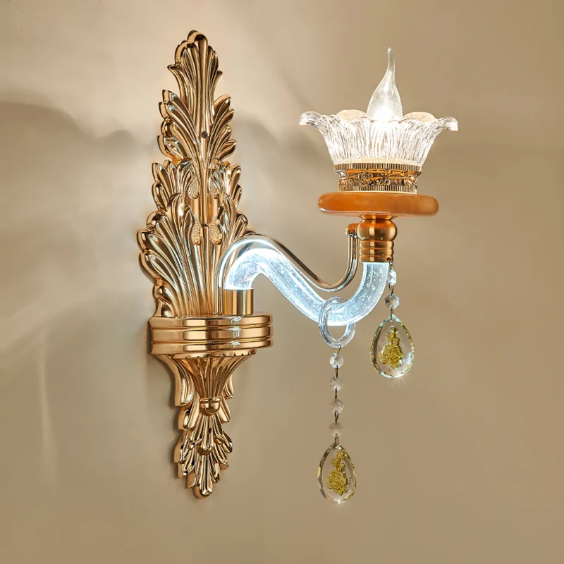 Traditionele gebogen arm schanslamp, enkele lamp, kristallen wandmontage lichtarmatuur goud Clearhalo