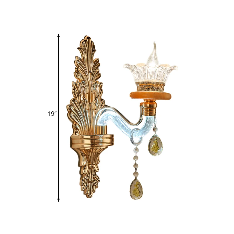 Traditionele gebogen arm schanslamp, enkele lamp, kristallen wandmontage lichtarmatuur goud Clearhalo