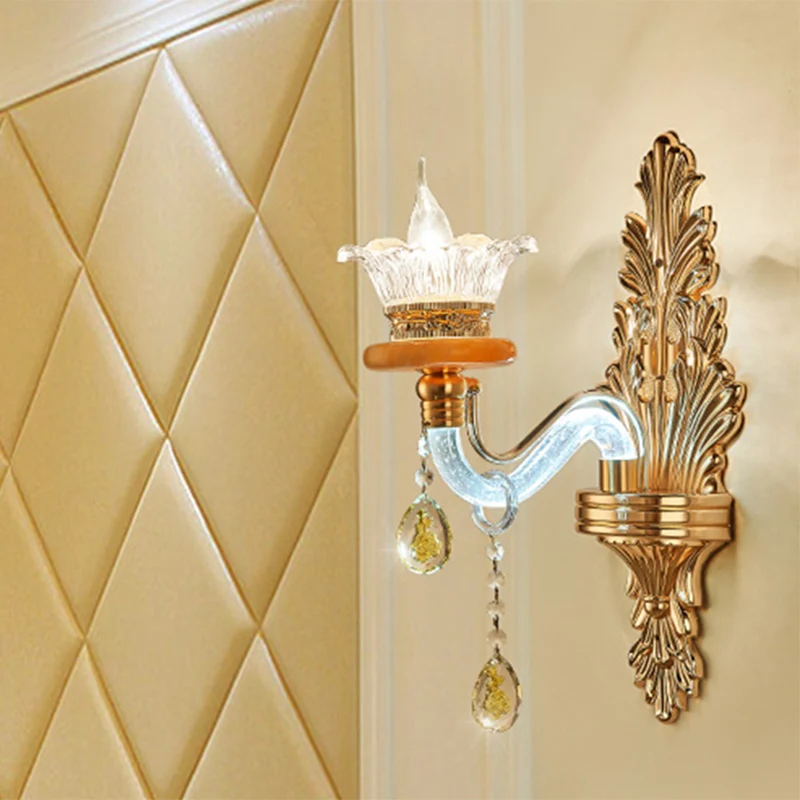 Traditionele gebogen arm schanslamp, enkele lamp, kristallen wandmontage lichtarmatuur goud Clearhalo