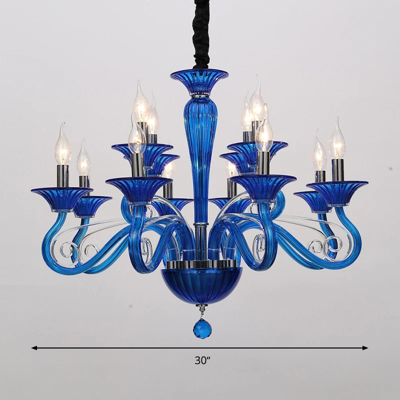 Traditionele gebogen armhangende kroonluchter 6/8/10 koppen Wit/zwart/blauw glazen plafondhanglamp met Spuntik-ontwerp Cle...