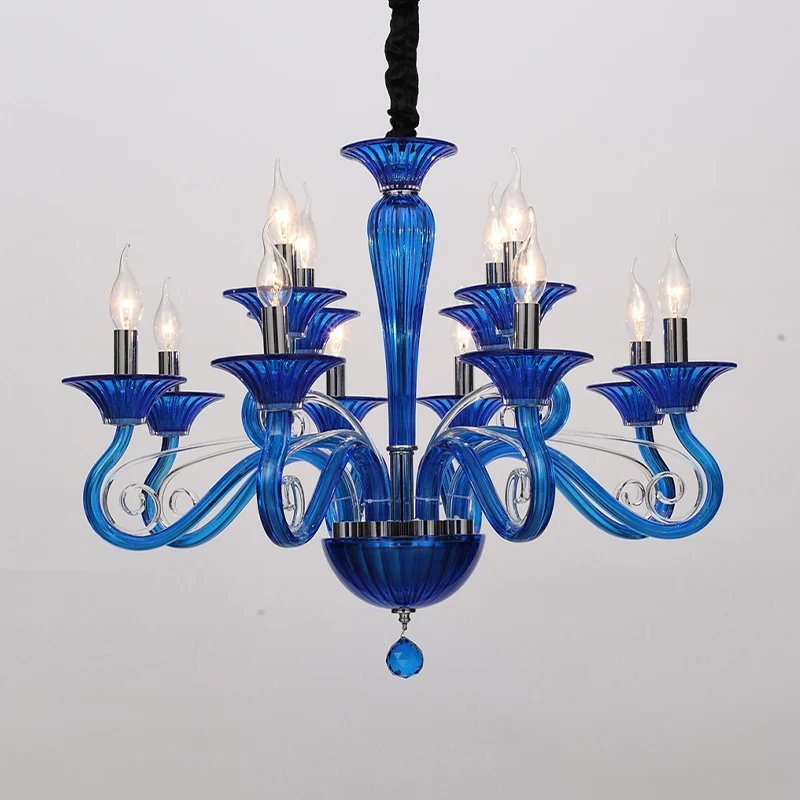 Traditionele gebogen armhangende kroonluchter 6/8/10 koppen Wit/zwart/blauw glazen plafondhanglamp met Spuntik-ontwerp Cle...