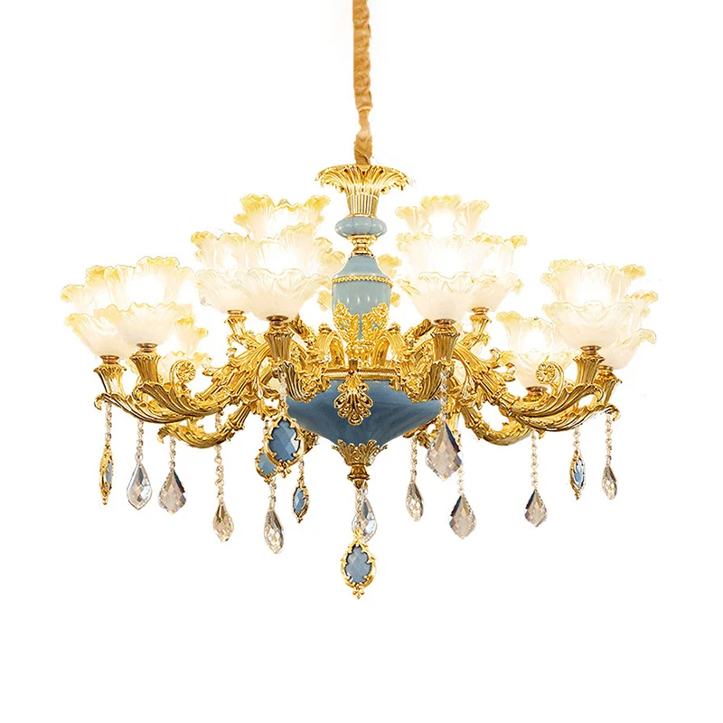 Traditionele gegolfde bloemenplafondverlichting Getextureerde glazen kroonluchterlamp met kristallen accent Clearhalo
