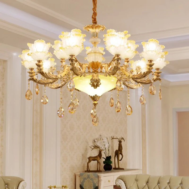 Traditionele gegolfde bloemenplafondverlichting Getextureerde glazen kroonluchterlamp met kristallen accent Clearhalo