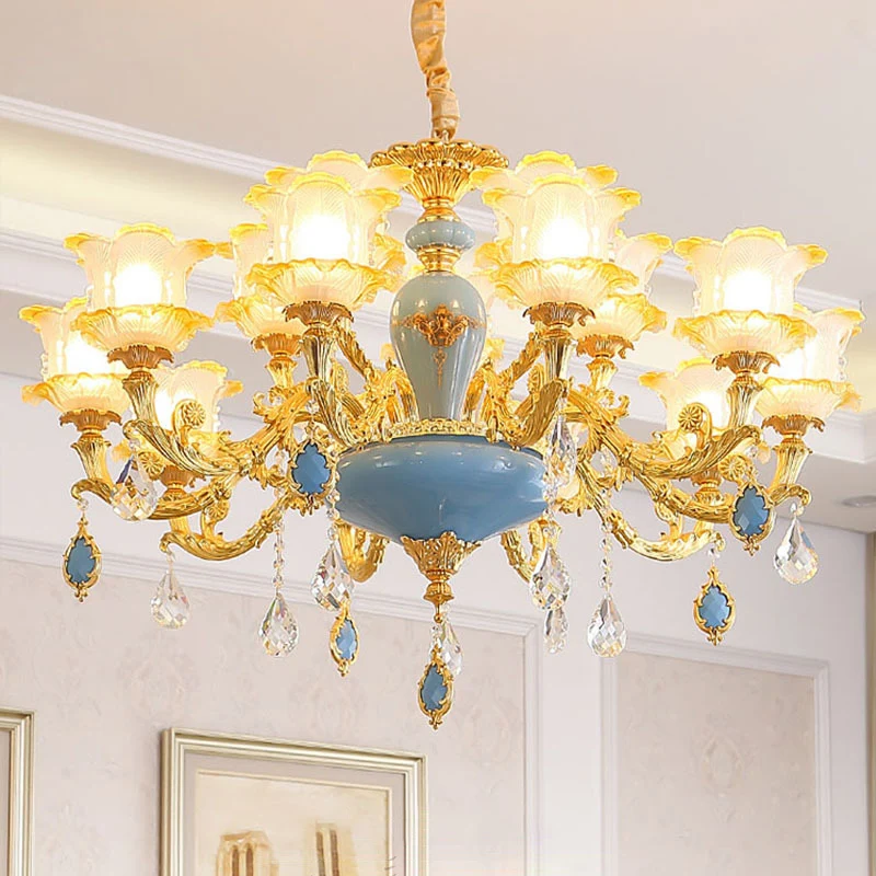Traditionele gegolfde bloemenplafondverlichting Getextureerde glazen kroonluchterlamp met kristallen accent Clearhalo