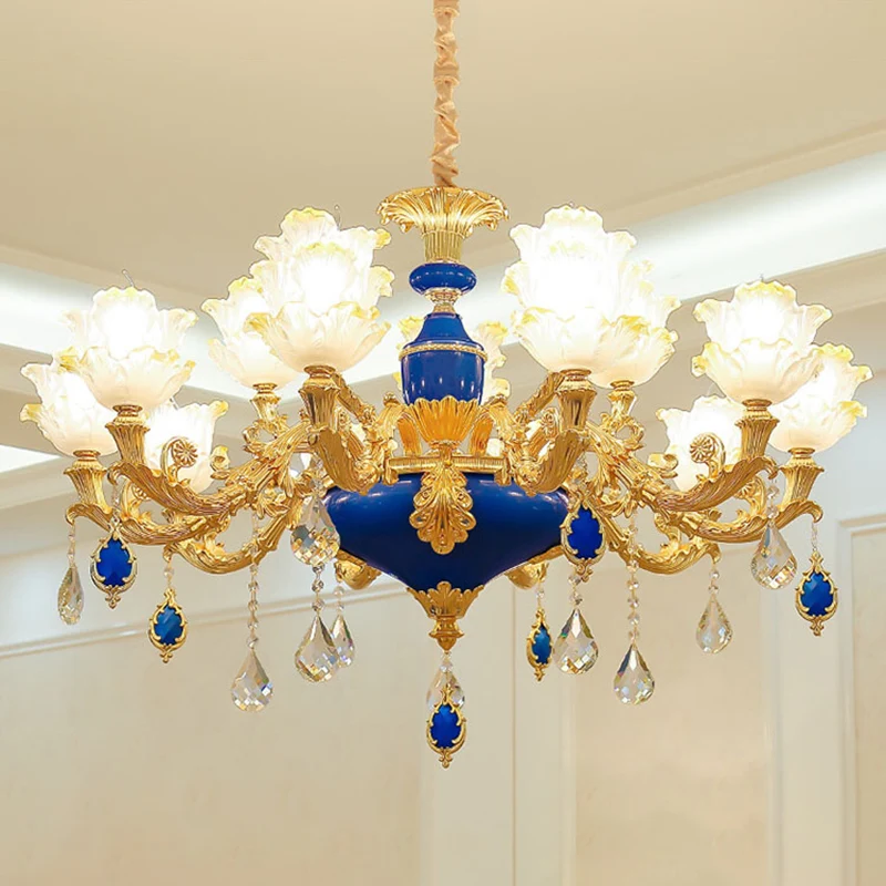 Traditionele gegolfde bloemenplafondverlichting Getextureerde glazen kroonluchterlamp met kristallen accent Clearhalo