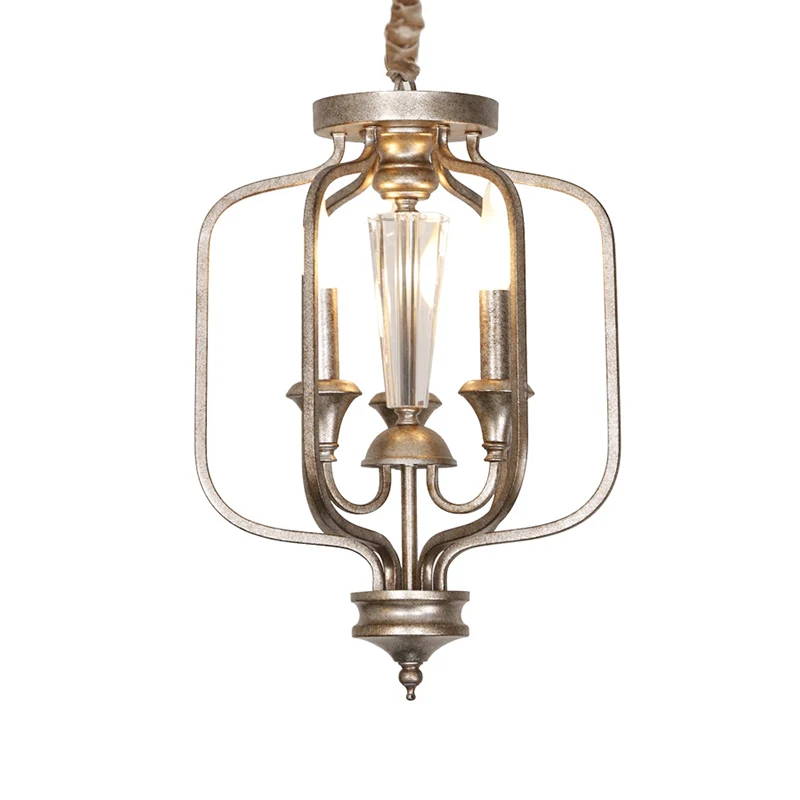 Traditionele gekooide hanglamp, 3 lampen, metalen kroonluchterlamp met kristallen accent verouderd zilver Clearhalo