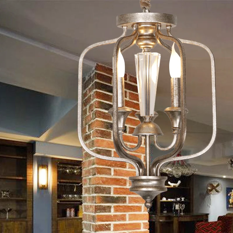 Traditionele gekooide hanglamp, 3 lampen, metalen kroonluchterlamp met kristallen accent verouderd zilver Clearhalo
