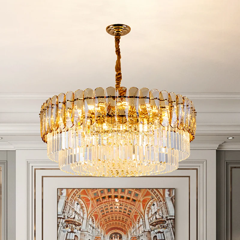 Traditionele gelaagde ronde kroonluchter, lichtkristal, 8-lichts eetkamer hangend plafondlicht goud Clearhalo
