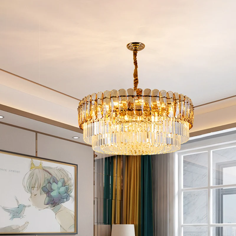 Traditionele gelaagde ronde kroonluchter, lichtkristal, 8-lichts eetkamer hangend plafondlicht goud Clearhalo
