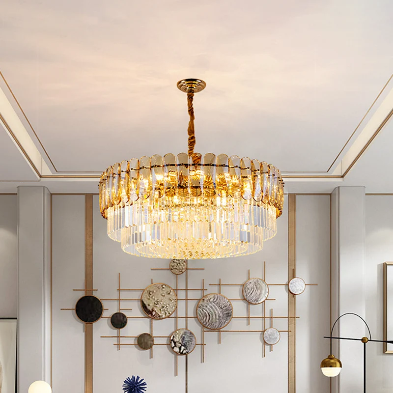 Traditionele gelaagde ronde kroonluchter, lichtkristal, 8-lichts eetkamer hangend plafondlicht goud Clearhalo