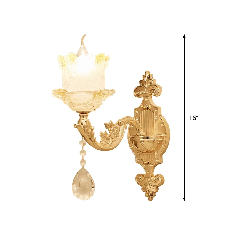 Traditionele gescrolde armkandelaar 1/2-lamp glazen bloesemschaduw wandmontagelamp messing met kristallen accenten Clearhalo