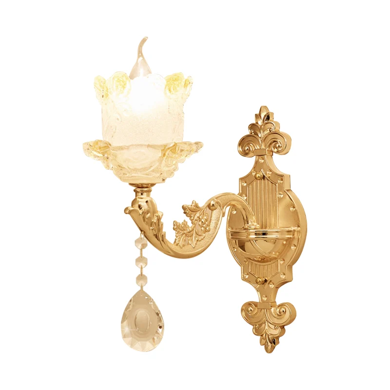 Traditionele gescrolde armkandelaar 1/2-lamp glazen bloesemschaduw wandmontagelamp messing met kristallen accenten Clearhalo