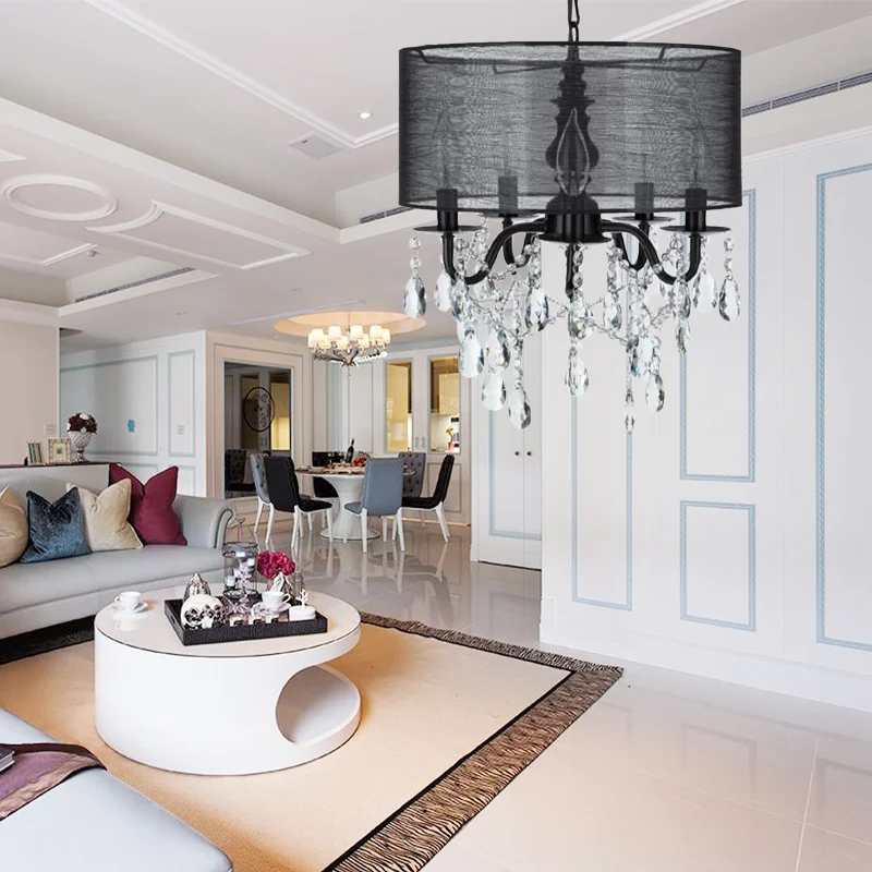 Traditionele hangende kroonluchter met 5 lampen, zwarte ronde hanglamp van stof met kristallen accent Clearhalo