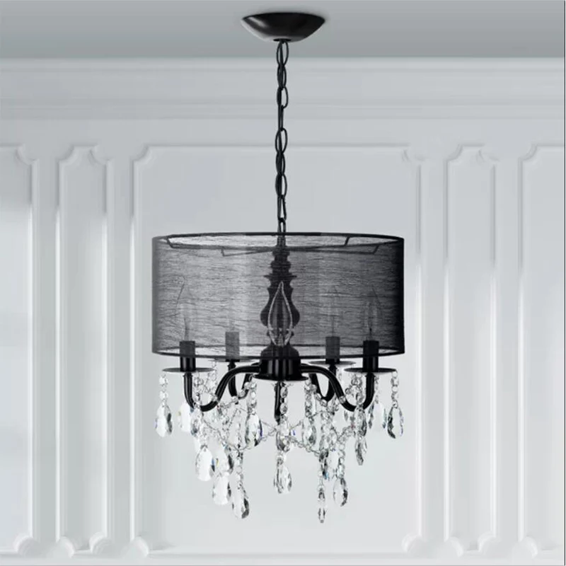 Traditionele hangende kroonluchter met 5 lampen, zwarte ronde hanglamp van stof met kristallen accent Clearhalo