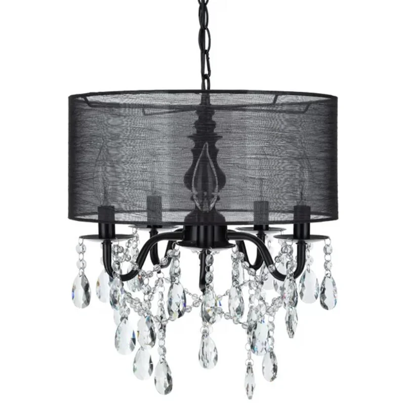 Traditionele hangende kroonluchter met 5 lampen, zwarte ronde hanglamp van stof met kristallen accent Clearhalo
