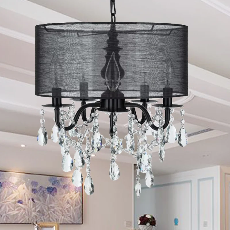 Traditionele hangende kroonluchter met 5 lampen, zwarte ronde hanglamp van stof met kristallen accent Clearhalo