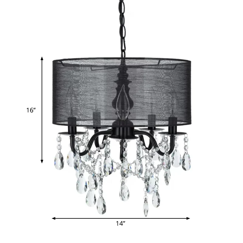 Traditionele hangende kroonluchter met 5 lampen, zwarte ronde hanglamp van stof met kristallen accent Clearhalo