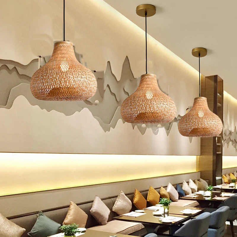 Traditionele hanglamp met 1 lamp, houten pot, hangende hanglamp met bamboe kap voor restaurant Clearhalo