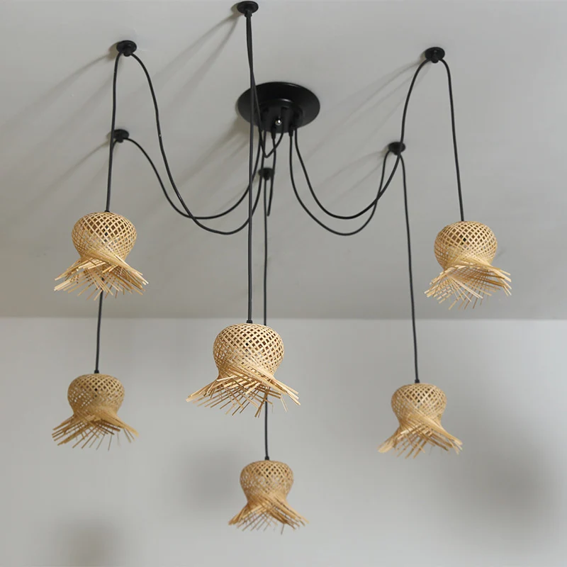 Traditionele hanglamp met 6 lampen, houtgeweven hanglampset met bamboe kap Clearhalo