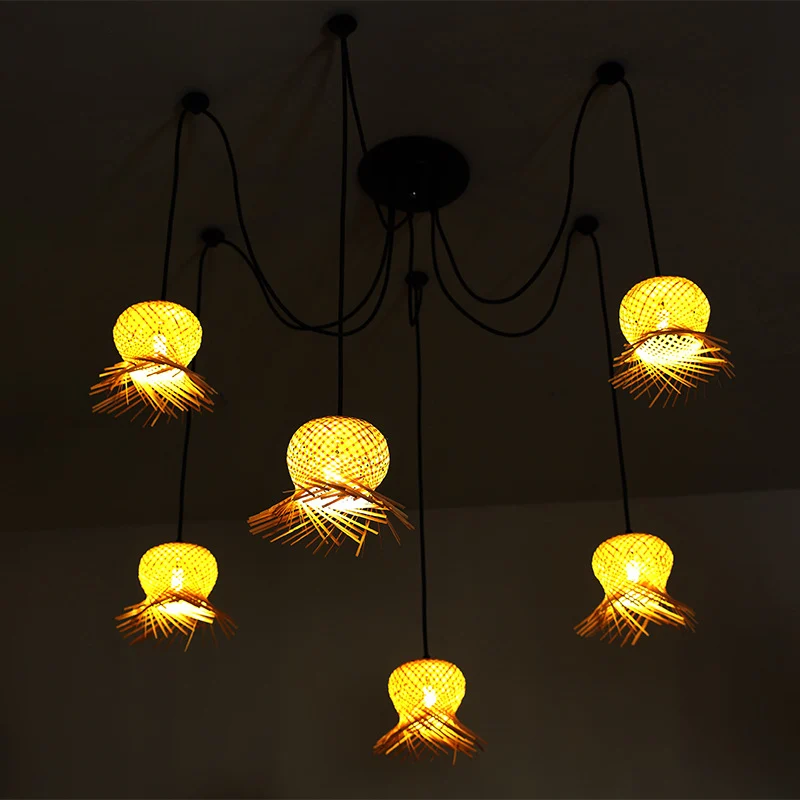 Traditionele hanglamp met 6 lampen, houtgeweven hanglampset met bamboe kap Clearhalo