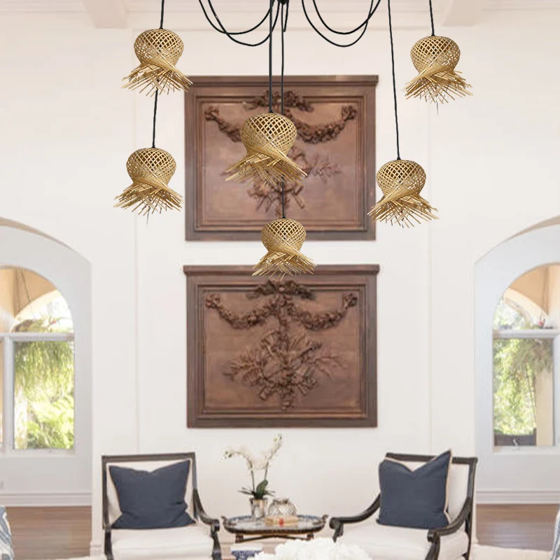 Traditionele hanglamp met 6 lampen, houtgeweven hanglampset met bamboe kap Clearhalo