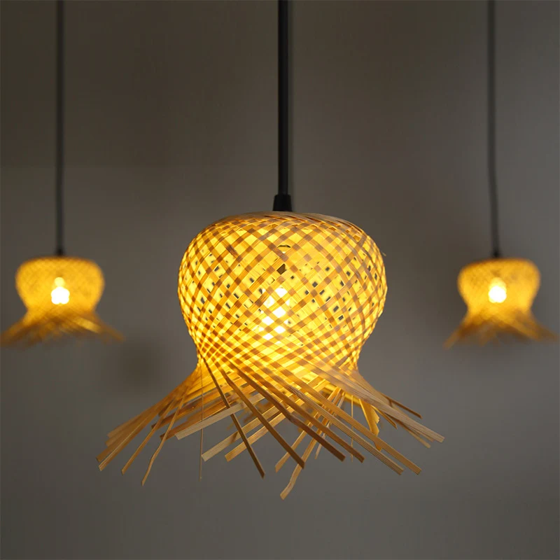 Traditionele hanglamp met 6 lampen, houtgeweven hanglampset met bamboe kap Clearhalo