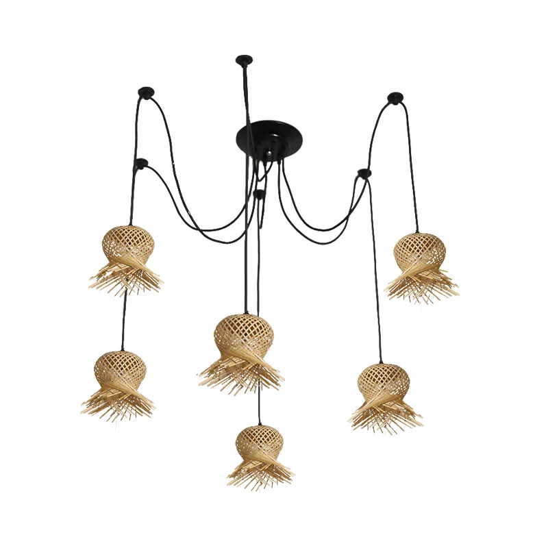 Traditionele hanglamp met 6 lampen, houtgeweven hanglampset met bamboe kap Clearhalo